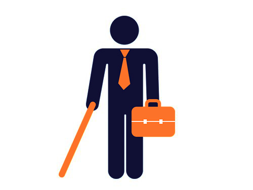 Image of person wearing a tie, holding cane and briefcase