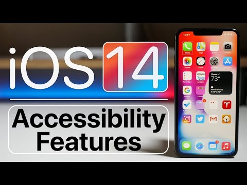 iPhone in upright position on table to the right of text that reads "iOS14 Accessibility Features"
