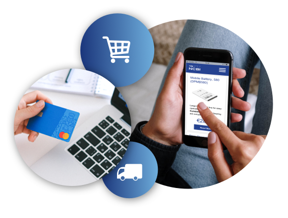 Hand holding a credit card, shopping cart icon, truck icon, and a person browsing through the NCBI online shop
