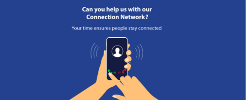 Hand answering a phone call with text can you help us with our connection network? Your time ensures people stay connected