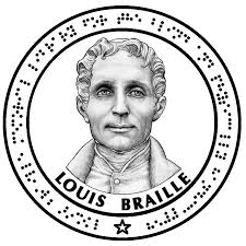 Portrait of Louis Braille with his name in Braille