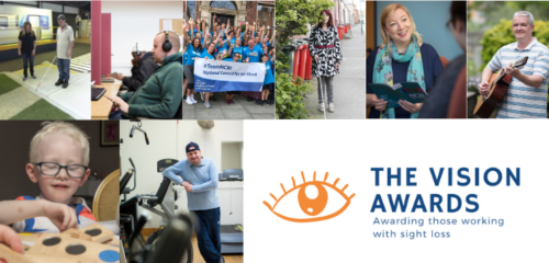 Vision Awards logo, awarding those working with sight loss. Collage of people with vision impairments doing activities such as mobility training, playing guitar, and using a computer