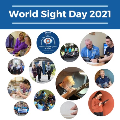 World Sight Day 2021 Images: of service users and staff in bubbles with the 90th celebration logo included
