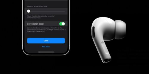 AirPod pro next to iPhone displaying Conversation Mode toggle switch