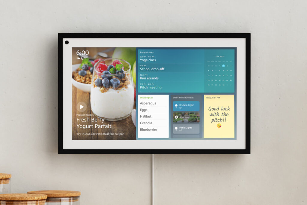 Echo Show 15 inch smart display hanging on a wall