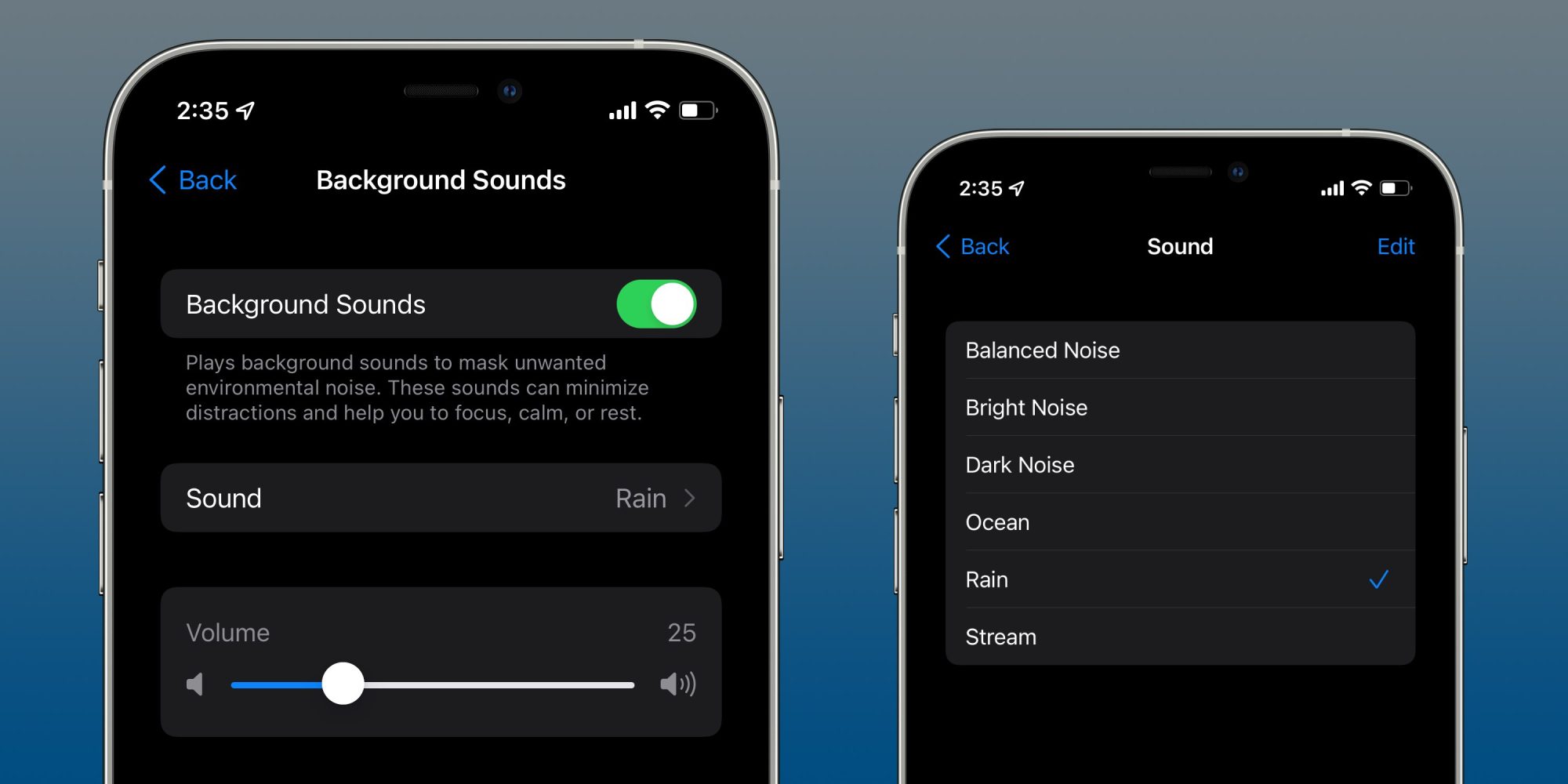 Background Sounds menu in iPhone's Settings