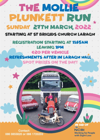 The poster for the Mollie Plunkett Run which includes details about the event and a picture of Mollie sitting on a tractor, surrounded by other cars and a lorry