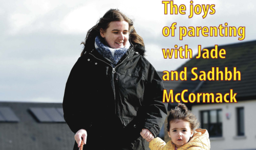 NCBI inSight Summer 2022 cover which features Jade McCormack is walking with her white cane alongside her daughter Sadhbh through a housing estate. The headline on the front page reads The joys of parenting with Jade and Sadhbh McCormack.