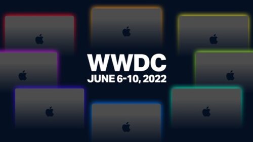 Text WWDC June 6-10, 2022 with collage of iPhones in a dark background