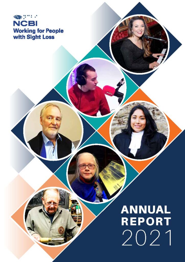 The NCBI logo is carried at the top left hand side of the cover of the NCBI Annual Report 2021. In the middle of the page is a colourful design which has six pictures of our six case study subjects inserted into diamond shaped designs.