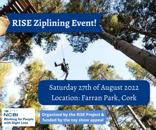 A person is seen from below as they zipline across an open space of forest with tress visible in the background. The image also includes text which notes the details of the Cork Ziplining Event. The information is available in the event description.