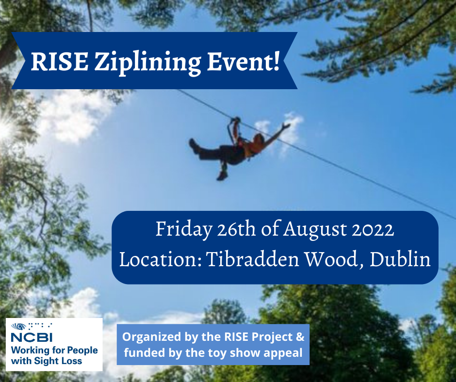 A person is seen from below as they zipline across an open space of forest with tress visible in the background. The image also includes text which notes the details of the Dublin Ziplining Event. The information is available in the event description.
