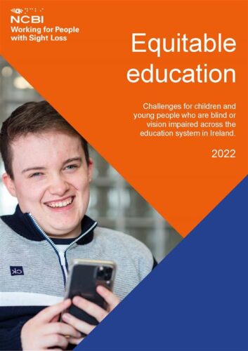 Equitable Education front cover featuring student smiling holding smart phone.