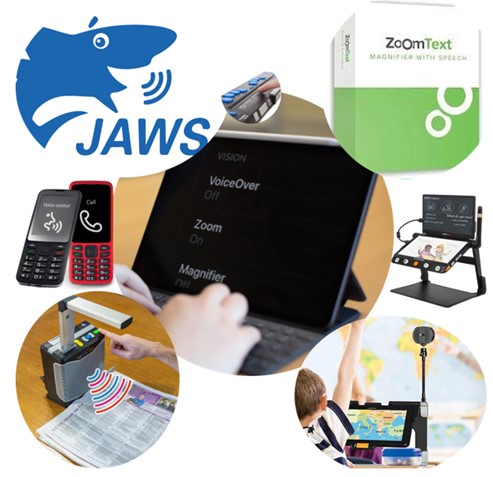 Images of JAWS, ZoomText logos, BlindShell phone, iPad, ReadEasy Evolve stand alone reader, iPad, Mercury 12, and Connect 12