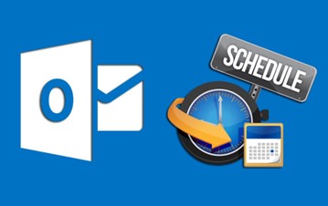 Outlook app icon of white envelope in blue background next to a clock and the word "schedule"