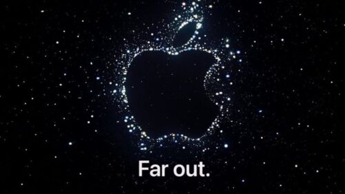 Apple logo with text 'Far Out' in white writing on black background.