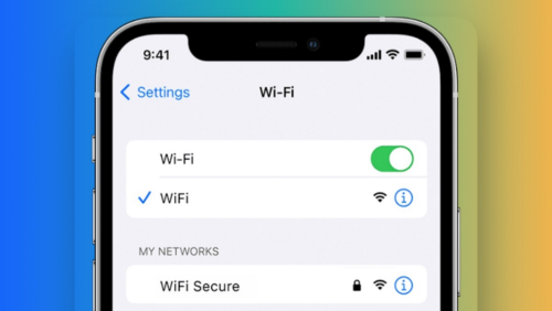 iPhone screen displaying Wi-Fi toggle, which is set to enabled.