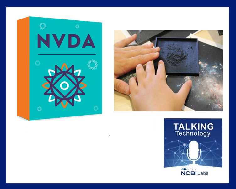NVDA logo and Tactile map of stars positioned above the Talking Technology with NCBI Labs logo