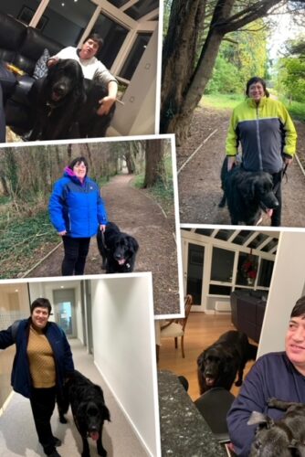 A collage of Tina Lowe standing with her guide dog in various settings. In one picture she is out on a walk with the dog, in another she is standing in a hallway with the dog.