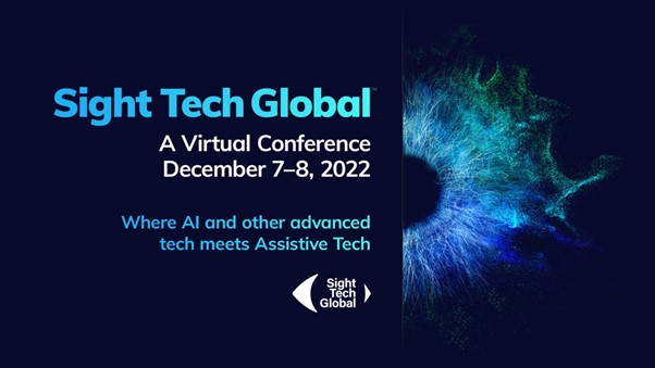 Sight Tech Global 7th & 8th December next to image of a blue iris of an eye