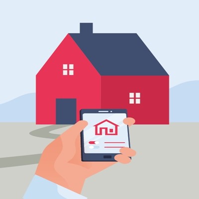 Sketch of hand holding a phone next to a house