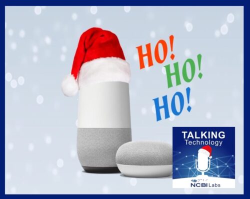 White smart speaker wearing a red hat next to the Talking Technology Podcast logo