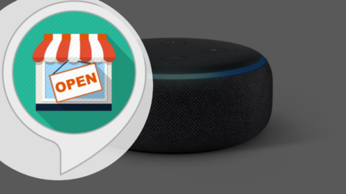 Shop front with Open sign in front of a background of an Amazon Echo Dot smart speaker