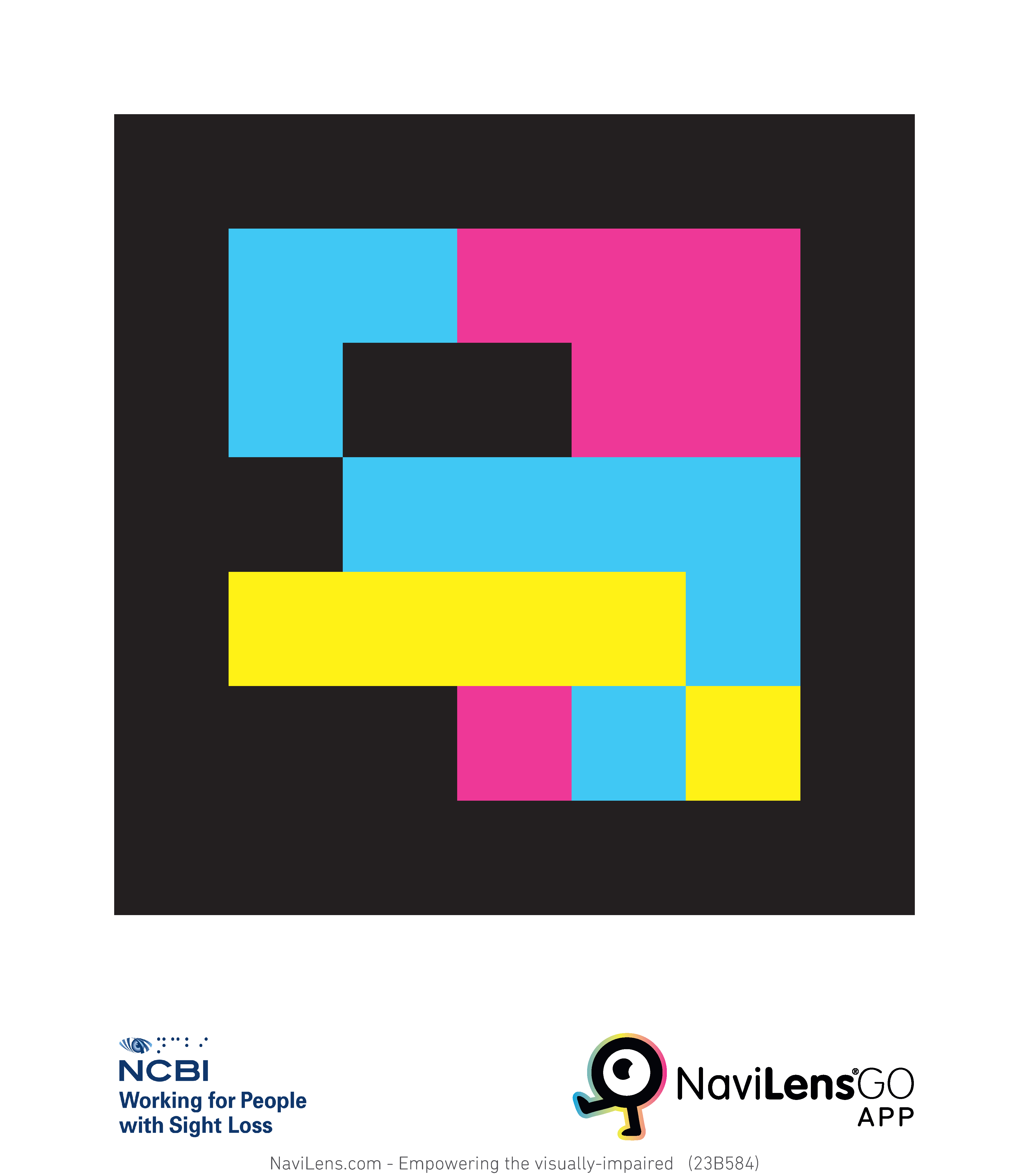 This is an example of a NaviLens barcode for the NCBI Camden Street store event which can be scanned using the app. The barcode is made of a blue, yellow and pink abstract shape on a black background.