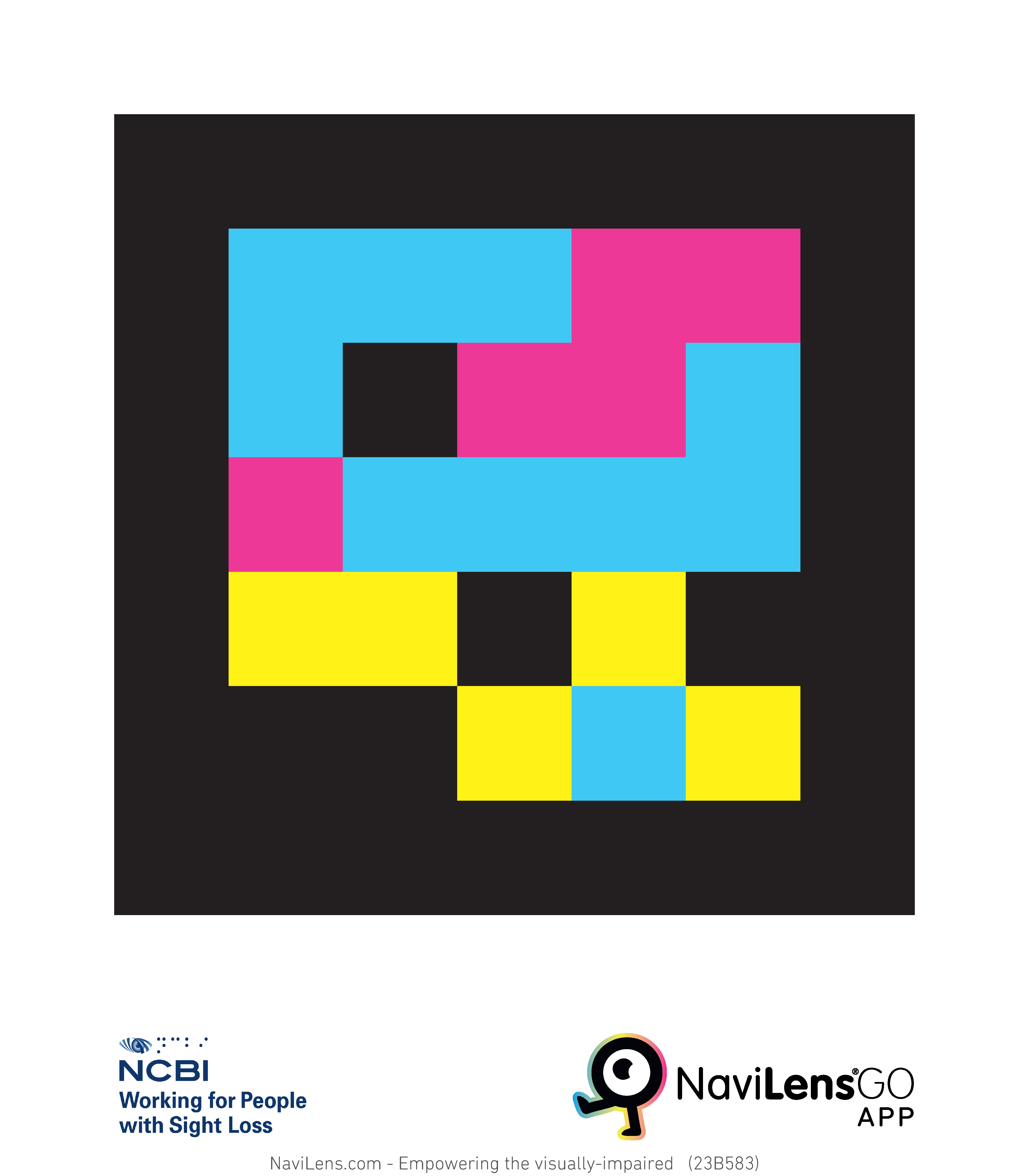 This is an example of a NaviLens barcode for the NCBI Head Office event which can be scanned using the app. The barcode is made of a blue, yellow and pink abstract shape on a black background.