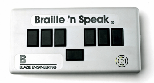 Braille n Speak Braille device in white featuring 6 black braille input key