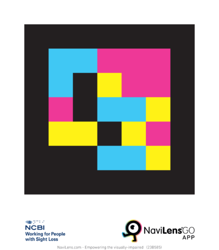 This is an example of a NaviLens barcode for the NCBI Tallaght office event which can be scanned using the app. The barcode is made of a blue, yellow and pink abstract shape on a black background.