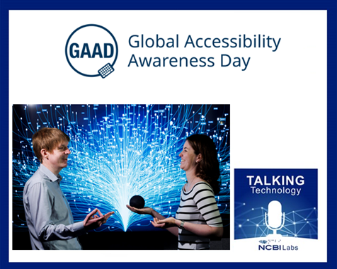 Global Accessibility Awareness Day above man and woman facing each other with woman holding an Echo Smart Speaker