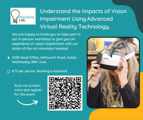 This poster for the event includes a QR code to access the event page to register and there is also a picture of a woman wearing a white VR headset. The poster has the title of the event and information about when and where it's happening, all of which are available in the event description.