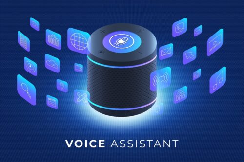Black smart speaker above text that reads "Voice Assistant"