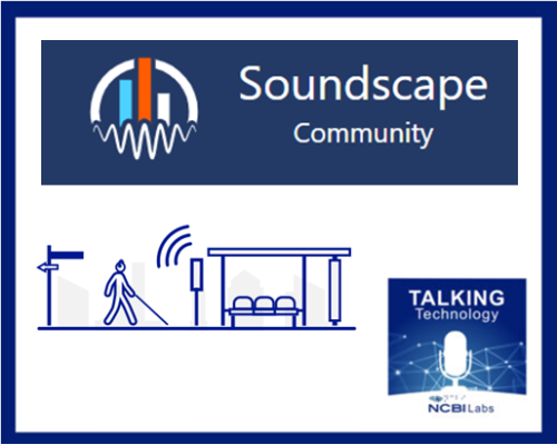 Soundscape Community next to sketch of person with a white cane