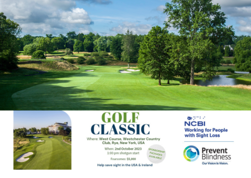 image of a golf course with NCBI and prevent blindness logo in the bottom with the text golf classic at Westchester Country Club, on 2nd october at 1pm